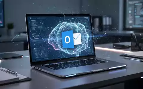 Ein Laptop mit leuchtender KI-Oberfläche und dezentem Outlook-Logo auf einem professionellen Schreibtisch. - Foto: über boerse-global.de