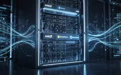 Ein leuchtender Server-Rack mit dezenter AMD- und Microsoft-Azure-Branding, umgeben von abstrakten digitalen Datenströmen, die KI und Cloud-Integration symbolisieren. - Foto: über boerse-global.de