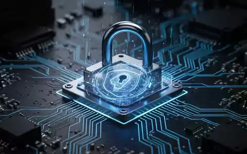 Leuchtend blaues digitales Vorhängeschloss in einer Leiterplatte, das KI-Sicherheitsbeschränkungen und Cybersicherheitsrisiken darstellt. - Foto: über boerse-global.de