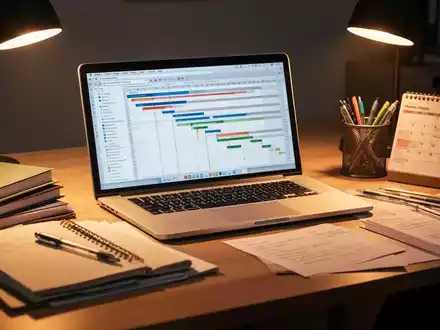Ein organisierter Schreibtisch mit Laptop, Zeitplan, Notizbüchern und Stiften, beleuchtet für konzentriertes Arbeiten an einer Diplomarbeit. - Foto: über boerse-global.de