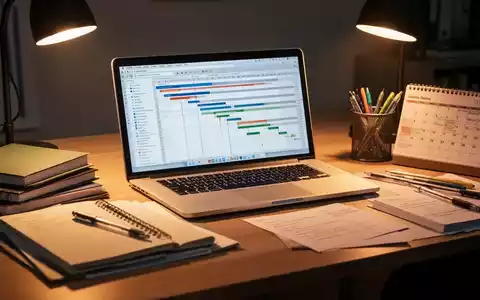 Ein organisierter Schreibtisch mit Laptop, Zeitplan, Notizbüchern und Stiften, beleuchtet für konzentriertes Arbeiten an einer Diplomarbeit. - Foto: über boerse-global.de