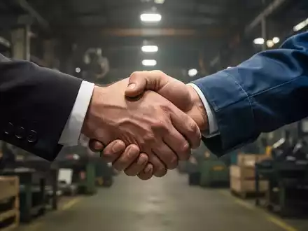 Zwei Hände, eine im Anzug und eine in Arbeitskleidung, ringen um einen Händedruck vor dem Hintergrund einer Fabrik. Symbolisiert Spannungen bei VW. - Foto: über boerse-global.de
