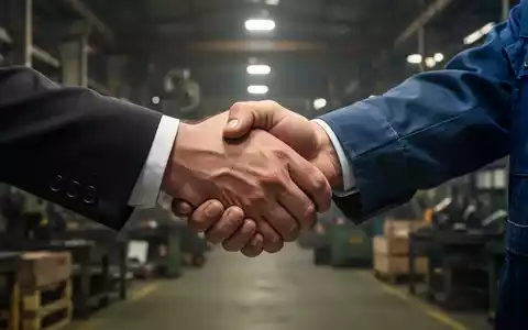 Zwei Hände, eine im Anzug und eine in Arbeitskleidung, ringen um einen Händedruck vor dem Hintergrund einer Fabrik. Symbolisiert Spannungen bei VW. - Foto: über boerse-global.de