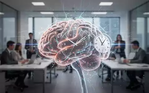 Eine stilisierte Darstellung eines menschlichen Gehirns mit leuchtenden neuronalen Pfaden und digitalen Datenströmen, überlagert von einem Zifferblatt, vor einem modernen Bürohintergrund. - Foto: über boerse-global.de