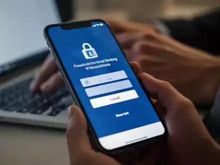 Nahaufnahme eines Smartphones mit gefälschter Bank-Login-Seite, im Hintergrund unscharfe Hände, die auf einem Laptop tippen. - Foto: über boerse-global.de