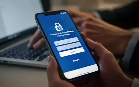 Nahaufnahme eines Smartphones mit gefälschter Bank-Login-Seite, im Hintergrund unscharfe Hände, die auf einem Laptop tippen. - Foto: über boerse-global.de