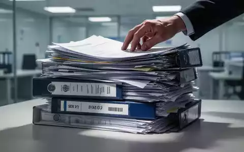 Ein hoher Stapel bürokratischer Dokumente und Ordner, die eine einzelne, gestresste Hand überwältigen, in einem Büro. - Foto: über boerse-global.de