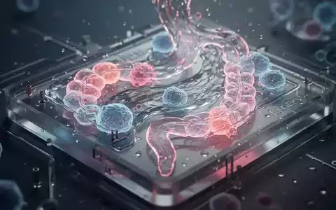 Ein Mikrofluidik-Chip mit leuchtenden Zellstrukturen und flüssigen Kanälen, der die Erforschung von Darmerkrankungen darstellt. - Foto: über boerse-global.de