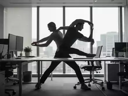 Eine Person streckt sich am Schreibtisch, um Verspannungen zu lösen, mit einem Fokus auf Bewegung und Ergonomie im Büro. - Foto: über boerse-global.de