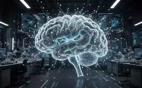 Ein futuristischer, leuchtender 3D-Gehirnatlas mit komplexen neuronalen Netzen und Datenpunkten in einer Hightech-Laborumgebung. - Foto: über boerse-global.de