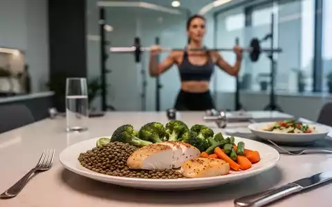 Eine appetitliche Anordnung von proteinreichen Lebensmitteln auf einem Tisch, im Hintergrund eine Frau beim Krafttraining. - Foto: über boerse-global.de