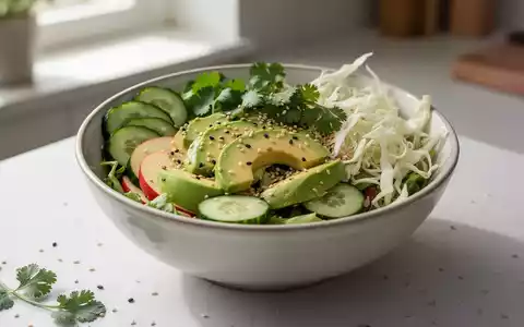 Eine Nahaufnahme einer bunten Salatschüssel mit verschiedenen frischen Zutaten wie Gurke, Avocado, Apfel und Koriander. - Foto: über boerse-global.de