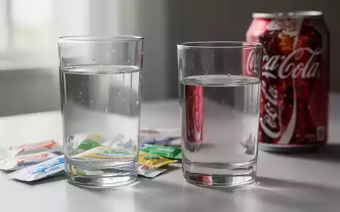 Ein klares Glas Wasser steht neben unscharfen Päckchen mit Süßstoff und einer Softdrink-Dose, die gesundheitliche Entscheidungen symbolisieren. - Foto: über boerse-global.de