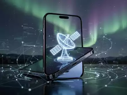 Schlankes, futuristisches Smartphone mit Satellitensymbol, digitalen Netzlinien und schwacher Aurora im Hintergrund. - Foto: über boerse-global.de