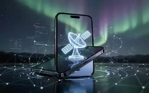 Schlankes, futuristisches Smartphone mit Satellitensymbol, digitalen Netzlinien und schwacher Aurora im Hintergrund. - Foto: über boerse-global.de