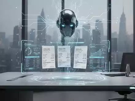 Ein futuristischer Schreibtisch mit holografischer Anzeige digitaler Belege und Finanzdaten, verarbeitet von einem KI-Agenten. - Foto: über boerse-global.de