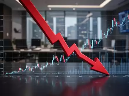 Ein roter, nach unten gerichteter Pfeil durchbohrt eine digitale Börsenkurve, die einen starken Rückgang zeigt, vor einem unscharfen Finanzbüro. - Foto: über boerse-global.de