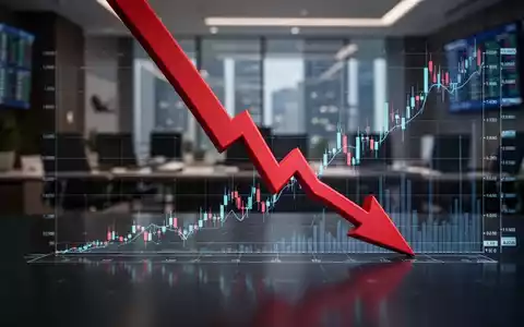 Ein roter, nach unten gerichteter Pfeil durchbohrt eine digitale Börsenkurve, die einen starken Rückgang zeigt, vor einem unscharfen Finanzbüro. - Foto: über boerse-global.de