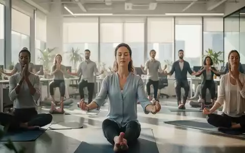 Mitarbeiter nehmen an einer Achtsamkeitsübung oder leichten körperlichen Aktivität in einem modernen Büro teil, Fokus auf geistige Fitness. - Foto: über boerse-global.de