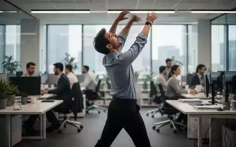 Eine Person steht an einem modernen Schreibtisch und dehnt sich, während im Hintergrund andere Büroangestellte verschwommen sind. - Foto: über boerse-global.de