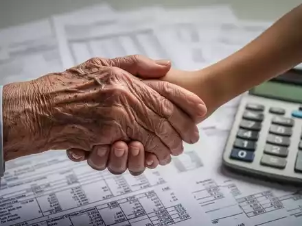 Eine ältere Hand hält eine jüngere Hand; im Hintergrund verschwommene Finanzdokumente und ein Taschenrechner, die Pflegekosten darstellen. - Foto: über boerse-global.de