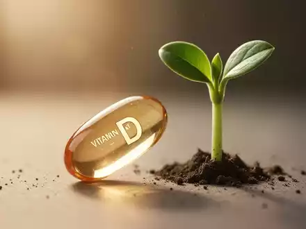 Eine einzelne Vitamin-D-Kapsel liegt neben einem kleinen grünen Pflanzenspross, der Heilung und Wachstum symbolisiert. - Foto: über boerse-global.de