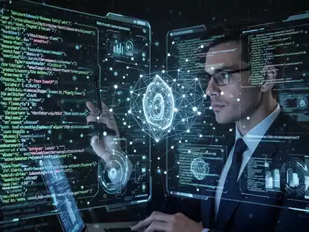 Ein Cybersicherheitsexperte analysiert leuchtende Datenvisualisierungen auf einem Bildschirm, die Netzwerkschwachstellen und Code darstellen. - Foto: über boerse-global.de