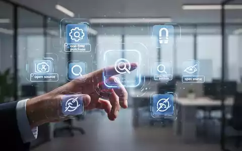 Eine digitale Hand interagiert mit einem holografischen Bildschirm, der Software-Icons zeigt und Einmalkauf sowie Open-Source-Optionen hervorhebt. - Foto: über boerse-global.de