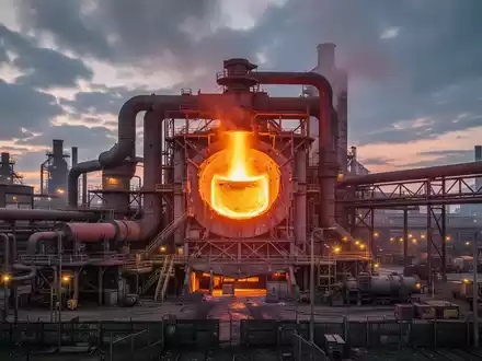Ein Industriekomplex eines Stahlwerks bei Sonnenuntergang mit einem leuchtenden Elektrolichtbogenofen und rauchenden Schornsteinen. - Foto: über boerse-global.de