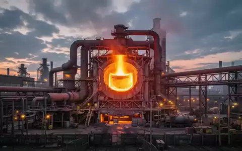 Ein Industriekomplex eines Stahlwerks bei Sonnenuntergang mit einem leuchtenden Elektrolichtbogenofen und rauchenden Schornsteinen. - Foto: über boerse-global.de