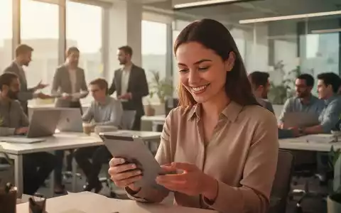 Eine Gruppe von Büroangestellten arbeitet in einem modernen, sonnendurchfluteten Büro. Eine Frau lächelt, während sie auf ein Tablet schaut. - Foto: über boerse-global.de
