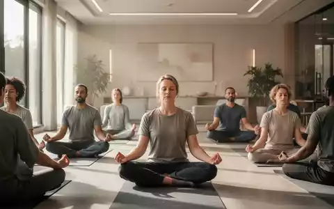 Eine vielfältige Gruppe von Menschen meditiert in einem ruhigen Gemeinschaftsraum mit sanftem Licht, das Frieden und Wohlbefinden symbolisiert. - Foto: über boerse-global.de