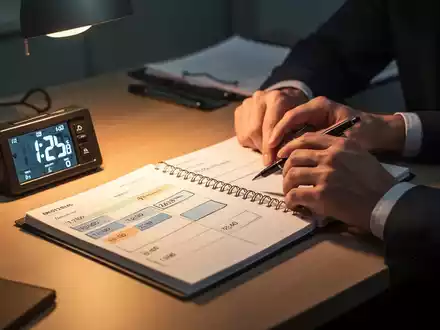 Nahaufnahme eines Schreibtisches mit einer Pomodoro-Uhr, einem Notizbuch mit Zeitblöcken und Händen, die konzentriert arbeiten. - Foto: über boerse-global.de
