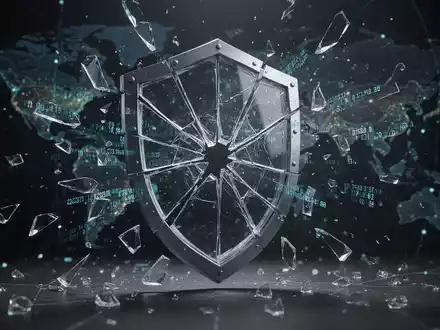 Ein zerbrochenes digitales Schild, das eine zerschlagene Cybercrime-Operation und Phishing-Dienste darstellt. - Foto: über boerse-global.de