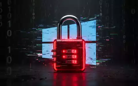 Digitales Vorhängeschloss leuchtet rot über verpixeltem Windows 10-Logo, symbolisiert Sicherheitsrisiken. - Foto: über boerse-global.de