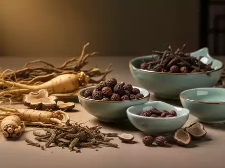 Eine ruhige Szene mit traditionellen chinesischen Kräutern wie Ginseng in kleinen Keramikschalen, sanft beleuchtet. - Foto: über boerse-global.de