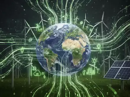 Abstrakte Darstellung von Nachhaltigkeitsberichten mit digitalen Datenströmen, die auf einen Globus zulaufen, umgeben von grünen Energiesymbolen. - Foto: über boerse-global.de