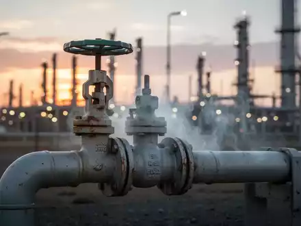 Ein großes Gasrohr mit Ventil und einer leichten Methanwolke vor einer unscharfen Raffinerie bei Sonnenuntergang. - Foto: über boerse-global.de