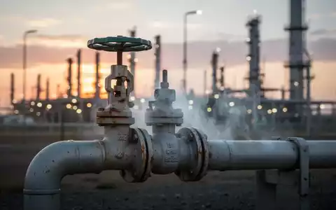 Ein großes Gasrohr mit Ventil und einer leichten Methanwolke vor einer unscharfen Raffinerie bei Sonnenuntergang. - Foto: über boerse-global.de