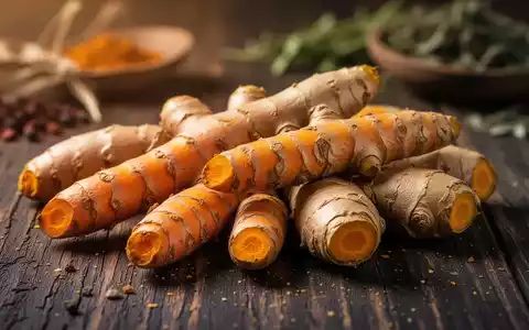 Nahaufnahme von leuchtend gelben Kurkumawurzeln und hellbraunem Ingwer, arrangiert auf einem dunklen Holztisch. - Foto: über boerse-global.de