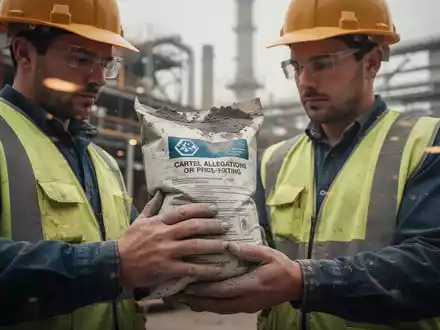 Hände eines Bauarbeiters, der eine Tüte Bauchemikalien hält, mit einem unscharfen Hintergrund einer Baustelle oder Fabrik. - Foto: über boerse-global.de