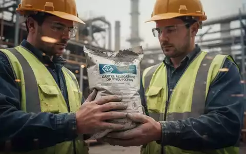 Hände eines Bauarbeiters, der eine Tüte Bauchemikalien hält, mit einem unscharfen Hintergrund einer Baustelle oder Fabrik. - Foto: über boerse-global.de