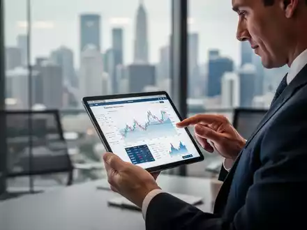 Eine Person betrachtet aufmerksam ein Tablet mit Finanzdiagrammen, im Hintergrund eine moderne Büroumgebung und Stadtlandschaft. - Foto: über boerse-global.de
