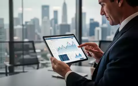 Eine Person betrachtet aufmerksam ein Tablet mit Finanzdiagrammen, im Hintergrund eine moderne Büroumgebung und Stadtlandschaft. - Foto: über boerse-global.de