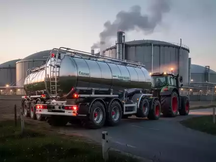 Ein landwirtschaftlicher Tankanhänger, gezogen von einem Traktor, auf dem Weg zu einer Biogasanlage im Abendlicht. - Foto: über boerse-global.de
