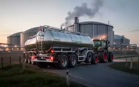 Ein landwirtschaftlicher Tankanhänger, gezogen von einem Traktor, auf dem Weg zu einer Biogasanlage im Abendlicht. - Foto: über boerse-global.de