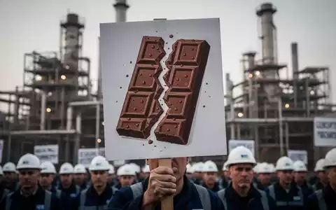 Eine Hand hält ein Protestschild mit einem stilisierten Bild eines zerbrochenen Kekses oder Schokoriegels vor einer unscharfen Fabrikkulisse. - Foto: über boerse-global.de