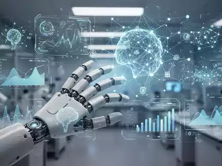 Eine humanoide Roboterhand interagiert mit einem holografischen Display, das Datenvisualisierungen und 3D-Syntheseumgebungen zeigt. - Foto: über boerse-global.de