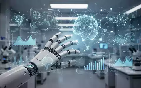 Eine humanoide Roboterhand interagiert mit einem holografischen Display, das Datenvisualisierungen und 3D-Syntheseumgebungen zeigt. - Foto: über boerse-global.de