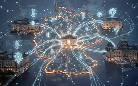 Neuronales Netz über einer Deutschlandkarte mit digitalen Daten, symbolisiert KI und rechtliche Rahmenbedingungen in der öffentlichen Verwaltung. - Foto: über boerse-global.de